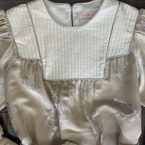Tory Burch Mushroom Lurex SILK Gown Pale Champagne‎ Medium Jacquard Old Money - Picture 3 of 15